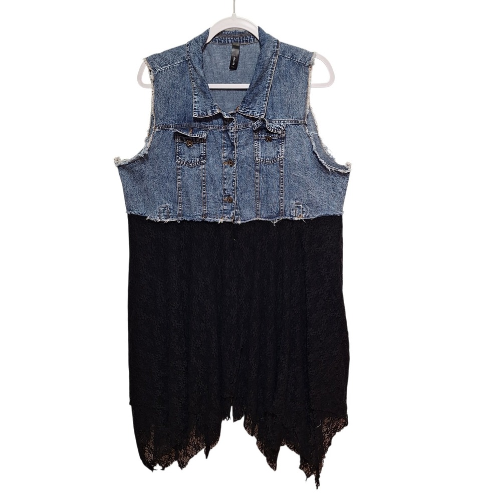 Yahada Denim And Lace Sleeveless Open Bottom Longline Top Grunge Hipster 2X/3X